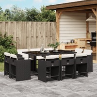  11 Piece Garden Dining Set with Cushions Black Poly Rattan