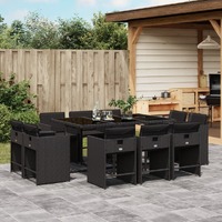  11 Piece Garden Dining Set with Cushions Black Poly Rattan