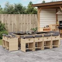  13 Piece Garden Dining Set with Cushions Mix Beige Poly Rattan