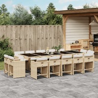  15 Piece Garden Dining Set with Cushions Beige Poly Rattan