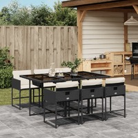  7 Piece Garden Dining Set with Cushions Black Poly Rattan
