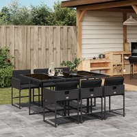  7 Piece Garden Dining Set with Cushions Black Poly Rattan