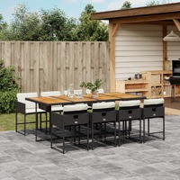  9 Piece Garden Dining Set with Cushions Black Poly Rattan