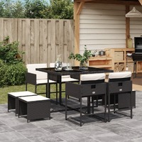  9 Piece Garden Dining Set with Cushions Black Poly Rattan
