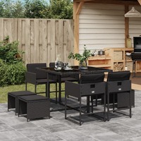  9 Piece Garden Dining Set with Cushions Black Poly Rattan