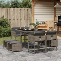  9 Piece Garden Dining Set with Cushions Grey Poly Rattan