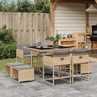  9 Piece Garden Dining Set with Cushions Mix Beige Poly Rattan