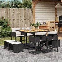  9 Piece Garden Dining Set with Cushions Black Poly Rattan