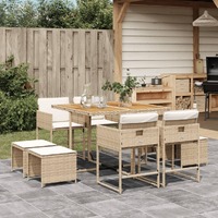  9 Piece Garden Dining Set with Cushions Beige Poly Rattan