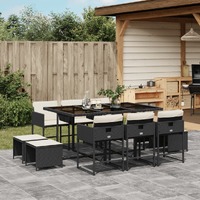 11 Piece Garden Dining Set with Cushions Black Poly Rattan
