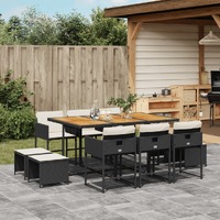  11 Piece Garden Dining Set with Cushions Black Poly Rattan