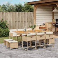  11 Piece Garden Dining Set with Cushions Beige Poly Rattan