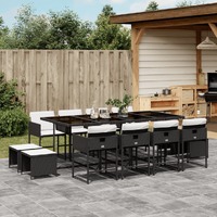  13 Piece Garden Dining Set with Cushions Black Poly Rattan