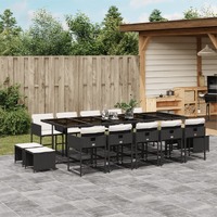  15 Piece Garden Dining Set with Cushions Black Poly Rattan