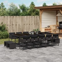  15 Piece Garden Dining Set with Cushions Black Poly Rattan