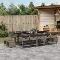  15 Piece Garden Dining Set with Cushions Grey Poly Rattan