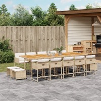  15 Piece Garden Dining Set with Cushions Beige Poly Rattan