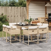  9 Piece Garden Dining Set with Cushions Beige Poly Rattan