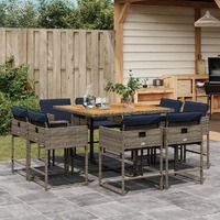  9 Piece Garden Dining Set with Cushions Grey Poly Rattan