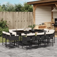  11 Piece Garden Dining Set with Cushions Black Poly Rattan