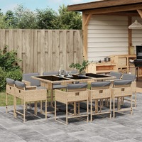  11 Piece Garden Dining Set with Cushions Mix Beige Poly Rattan