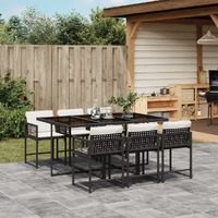  7 Piece Garden Dining Set with Cushions Black Poly Rattan