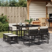  9 Piece Garden Dining Set with Cushions Black Poly Rattan