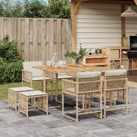 9 Piece Garden Dining Set with Cushions Beige Poly Rattan