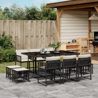  11 Piece Garden Dining Set with Cushions Black Poly Rattan