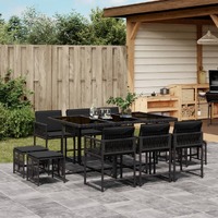  11 Piece Garden Dining Set with Cushions Black Poly Rattan