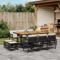  11 Piece Garden Dining Set with Cushions Black Poly Rattan