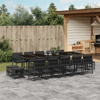  15 Piece Garden Dining Set with Cushions Black Poly Rattan
