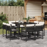 9 Piece Garden Dining Set with Cushions Black Poly Rattan