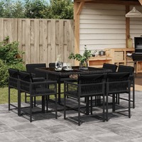  9 Piece Garden Dining Set with Cushions Black Poly Rattan