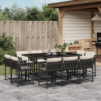  11 Piece Garden Dining Set with Cushions Black Poly Rattan
