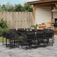  11 Piece Garden Dining Set with Cushions Black Poly Rattan