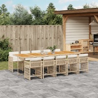  11 Piece Garden Dining Set with Cushions Beige Poly Rattan