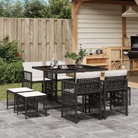  9 Piece Garden Dining Set with Cushions Black Poly Rattan