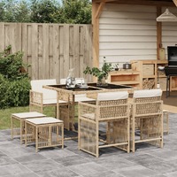  9 Piece Garden Dining Set with Cushions Beige Poly Rattan