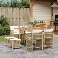  9 Piece Garden Dining Set with Cushions Beige Poly Rattan