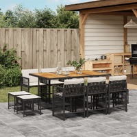  11 Piece Garden Dining Set with Cushions Black Poly Rattan