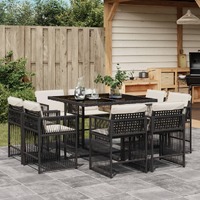  9 Piece Garden Dining Set with Cushions Black Poly Rattan