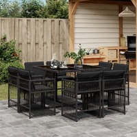  9 Piece Garden Dining Set with Cushions Black Poly Rattan