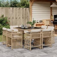  9 Piece Garden Dining Set with Cushions Beige Poly Rattan