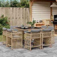  9 Piece Garden Dining Set with Cushions Mix Beige Poly Rattan