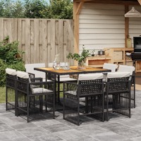  9 Piece Garden Dining Set with Cushions Black Poly Rattan