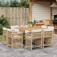  9 Piece Garden Dining Set with Cushions Beige Poly Rattan