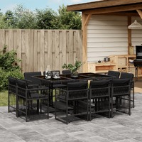  11 Piece Garden Dining Set with Cushions Black Poly Rattan