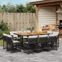  11 Piece Garden Dining Set with Cushions Black Poly Rattan