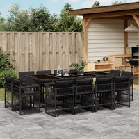  13 Piece Garden Dining Set with Cushions Black Poly Rattan